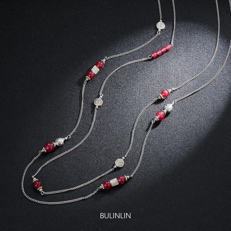 BULINLIN Layered Silver Long Necklace for Women Turquoise Stone Beaded Strand Sweater Chain Necklaces Fashion Costume Jewelry Gifts for Mom - Image 1